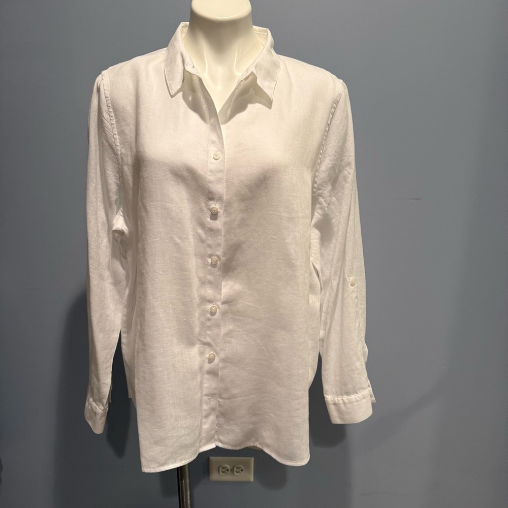 Chico’s No Iron 100% Linen Button-Front Shirt – Size 3.5 (US 18) – White